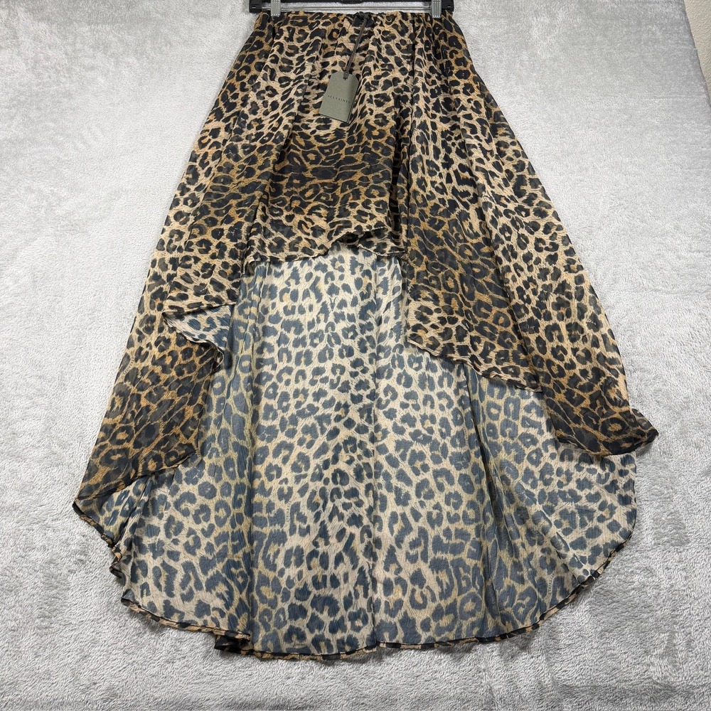 AllSaints Sylvia Leppo Skirt Women 0 Brown Leopard Chiffon Maxi Asymmetrical NWT